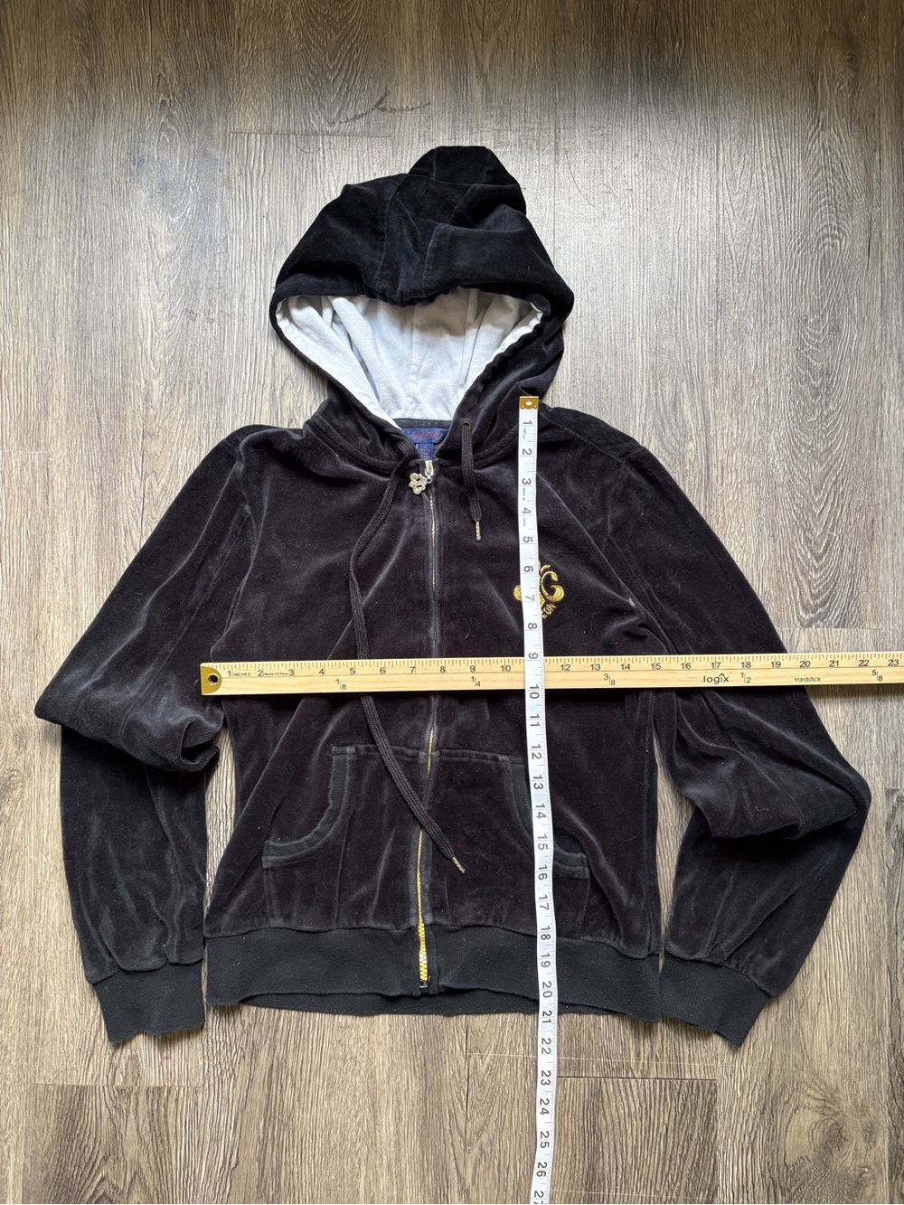 Y2K Black Velvet Zip-Up Hoodie Size M | Gold Zip Detail - Picture 5 of 5